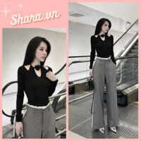 Áo thun nữ dài tay khoét vai cổ yếm chocker trái tim Shara SR1222 KT Áo dài tay thu đông thiết kế phong cách sang trọng