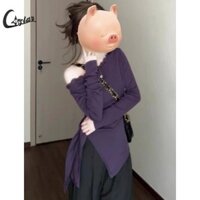 Áo thun nữ dài tay màu tím cổ thẳng lệch vai cổ điển mỏng vừa vặn áo thun dài tay Top