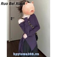 Áo thun nữ dài tay màu tím cổ thẳng lệch vai cổ điển mỏng vừa vặn áo thun dài tay Top