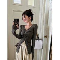 Áo thun nữ dài tay ôm sát cổ chữ V cho mùa thu
