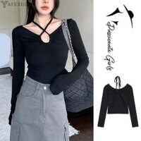 Áo thun nữ dài tay ôm vừa vặn sang trọng có cổ dây cho mùa xuân thu