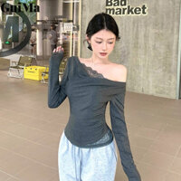 Áo thun nữ dài tay ren bất đối xứng