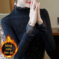 Áo thun nữ dài tay ren màu đen mùa thu đông dày lót