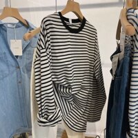 Áo Thun Nữ Dài Tay Sọc Be Đen Thời Trang, Áo Thun Nữ Chất Cotton Dài Tay Hàn Quốc