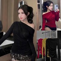 Áo Thun Nữ Dài Tay Thiết Kế Cổ Thuyền Trễ Vai Chiết Eo Vạt Chéo Lấp Lánh Thời Trang A233