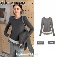 Áo thun nữ dài tay xù có viền mùa thu đông Slim Inner High-Grade Top