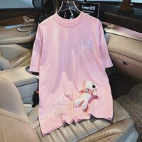 Áo Thun Nữ Dáng Dài Rộng Thêu Chữ Hello Kitty Kèm Gấu Trắng,Chất Cotton Mềm Mát