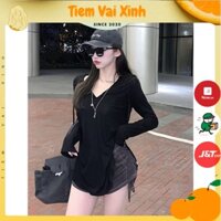 Áo Thun Nữ Dáng Rộng Dài Tay 🍊[Tiệm Vải Xinh]🍊 Áo Thun Nữ Có Mũ Mix Quần Đùi Dây Rút Năng Động - Phong Cách Hàn TD005