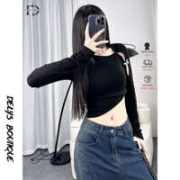 Áo Thun Nữ Đen Khoét Vai Đính Charm Dài Tay Delys DLAC185