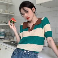 Áo Thun Nữ Dệt Kim Cổ Bẻ Dáng Rộng Phong Cách Hàn Quốc