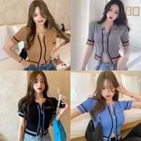 Áo thun nữ dệt kim cổ tròn có khoá kéo