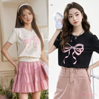 Áo thun nữ dệt kim nơ in tay ngắn cổ tròn hàng đầu