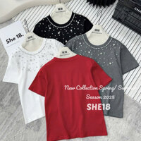 Áo thun nữ đính đá cổ ngọc ngắn tay hàng xuân hạ 2025 Freesize #33667