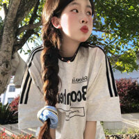 áo thun nữ form rộng áo sơ mi nữ Áo phông cộc tay màu tương phản kiểu Mỹ áo cộc tay trễ vai kẻ sọc phong cách học đường oversize cổ điển thời thượng mùa hè cho nữ