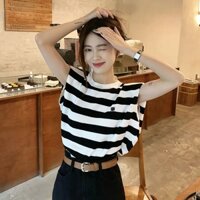 áo thun nữ form rộng kiểu bigsize tay ngắn croptop trung niên ôm trắng big size đẹp dáng hàn quốc quảng châu Áo Thun Nữ Không Tay Kẻ Sọc Dáng Rộng Thời Trang Nữ Đáng Yêu Áo phông Nữ