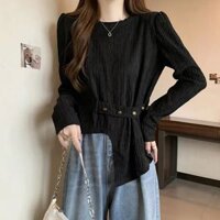 Áo Thun Nữ Form Rộng Tay Dài Không Đều Áo Croptop Màu Trơn Thời Trang Thu Đông
