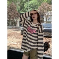 Áo thun nữ form rộng tay dài sọc thời trang, áo croptop in chữ mùa thu