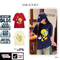 Áo thun nữ form rộng vịt vàng 2111 Miucho vải cotton 4c 220gsm cổ tròn in mix