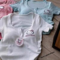 Áo thun nữ Hello Kitty tay ngắn nữ tính ngắn Slim Fit Quần lót hàng đầu