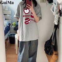 Áo thun nữ in hình Apple Áo thun ngắn tay dáng rộng