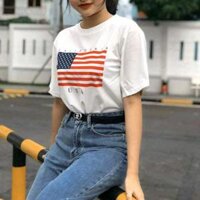 Áo Thun Nữ In Hình Cờ Mỹ -  Trắng  - 3XL