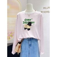 Áo thun nữ Kẻ sọc dài tay phối viền form rộng in hình xinh menin_studio, áo thun sọc mềm mại style Hàn Quốc