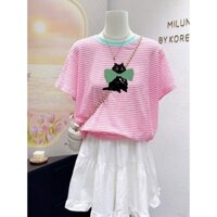 Áo thun nữ kẻ sọc ngắn tay in hình siêu xinh ALICEVN1990, Áo thun Cotton nữ sọc ngang, chất Cotton dày dặn