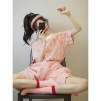 Áo thun nữ kẻ sọc ngắn tay màu đỏ Vntage ALICEVN1990, Áo thun Cotton nữ sọc ngang, chất Cotton mát mặc hè