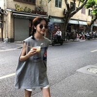 Áo thun nữ không tay dài vừa phải, kiểu dáng Hàn Quốc mùa hè 2024, xẻ lưng, in chữ trước và sau
