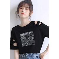 Áo thun nữ không tay khoét vai phong cách Hàn Quốc, áo ngắn tay rách, dáng rộng, vừa vặn, áo thường ngày