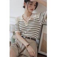 Áo thun nữ kiểu Pháp cổ V sọc đen trắng, áo thun ngắn tay mỏng ngọt ngào mùa hè, áo polo Nhật Bản