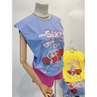 Áo thun nữ kiểu trễ vai in hình hoạt hình Miss Sixteen 2 màu tím và vàng chất  cotton 100% siêu mát mịn