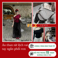 Áo thun nữ lệch vai tay ngắn phối ren thu hút cá tính