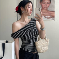 Áo thun nữ lệch vai tay xoắn ôm body, áo nữ kiểu lệch vai sọc ngang hàng order ''T aobao'' loại 1 nhà Oanhdilys