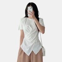 Áo thun nữ Louis19 HT91 trơn cổ tròn nhúm eo vạt chéo