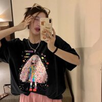 Áo thun nữ mặc hè form rộng menina _studio, áo thun nữ cotton in hình CÔ GÁI XÙ TÓC DÀI siêu xinh