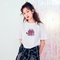 Áo Thun Nữ Màu Trắng Tay Lỡ Unisex In Hình Hộp Sữa Dâu MYROSE169