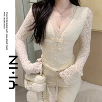 Áo thun nữ mới kiểu Hàn Quốc tay dài, cổ V, thắt nơ, dáng ôm, ren