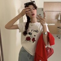 Áo thun nữ mùa hè cổ tròn tay ngắn rộng rãi in hình quả anh đào nhỏ thiết kế vui tươi trà xanh phù hợp mọi phong cách