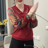 Áo thun nữ mùa xuân mới in họa tiết cổ Peter Pan, dáng rộng cho người trung niên và người cao tuổi, phong cách thoải mái, đa năng, tay dài, trang phục mẹ