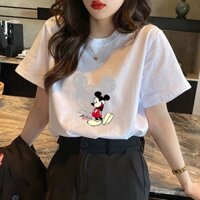 Áo thun nữ ngắn tay cotton mùa hè rộng rãi kích thước lớn, áo cơ bản màu trắng Mickey, xu hướng 2025