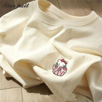 Áo thun nữ ngắn tay in hình hoạt hình mới Áo thun màu hồng phong cách Hàn Quốc Thiết kế hợp thời trang Sense