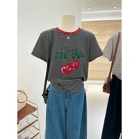 Áo thun nữ Ngắn tay kẻ sọc in hình siêu xinh Menina_Studio, áo thun sọc gam  màu mùa hè