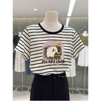 Áo thun nữ ngắn tay kẻ sọc viền cổ phong cách Hàn Quốc, áo thun sọc ngang vải cotton dày 100% cao cấp