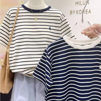 Áo thun nữ ngắn tay kẻ sọc viền cổ phong cách Hàn Quốc, áo thun sọc ngang vải cotton dày 100% cao cấp