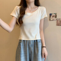 Áo thun nữ ngắn tay màu trơn lưng cao Scoop