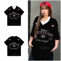 Áo thun nữ nơ màu hồng Áo thun cổ chữ V dáng rộng Áo ngắn tay mùa hè Áo thun Áo Thểu Xinh