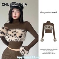 Áo thun nữ phong cách Hàn Quốc Da báo in chắp vá áo cổ cao tay dài đáy áo sơ mi Slim fit