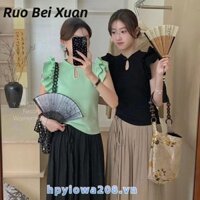 Áo thun nữ phong cách Trung Quốc tay bay phong cách dân tộc Áo crop Top ngắn tay