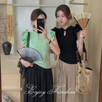 Áo thun nữ phong cách Trung Quốc tay bay phong cách dân tộc Áo crop Top ngắn tay